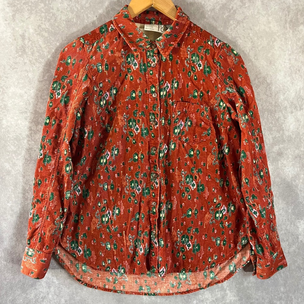 Anthropologie Building Corduroy Button Down Women 2 Rust Orange Abstract Print